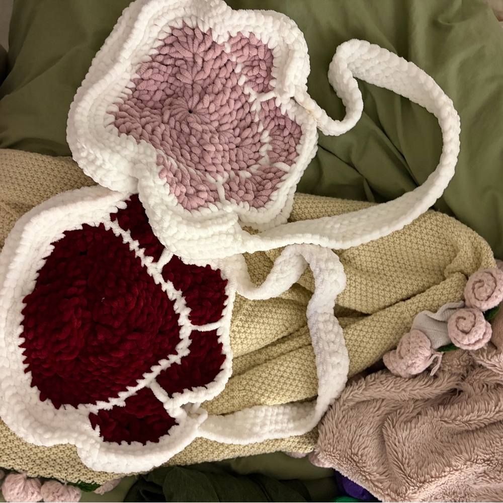 Handmade Crochet Paw Crossbody Bag - White with Pink & Burgundy